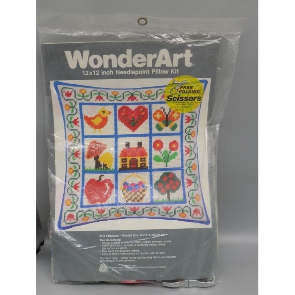 Vintage WonderArt #6610 Patchwork Needlepoint Pillow Kit Sealed 12"x12" Finished